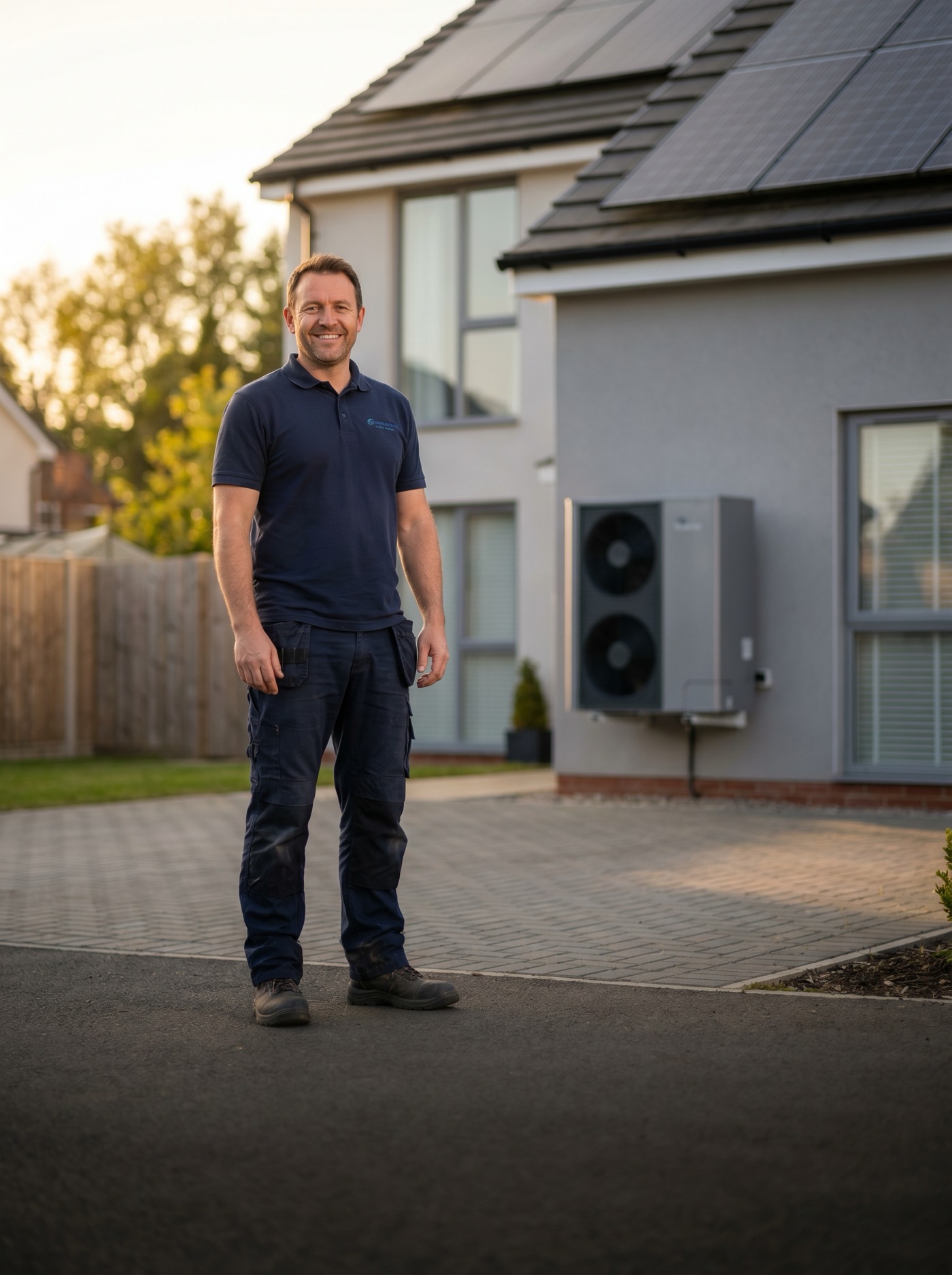 MCS-certified installer in navy workwear standing in front of a home with rooftop solar panels and an air source heat pump at golden hour