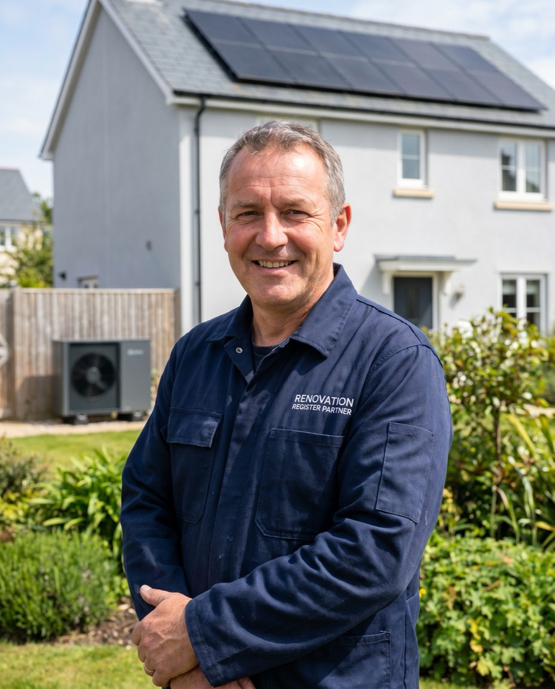A Renovation Register Verified Partner installer smiling in front of a renovated home with solar panels and a heat pump